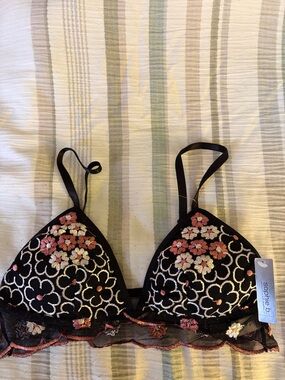 sophie b. Black Bralette with Pink and Cream Floral Embroidery